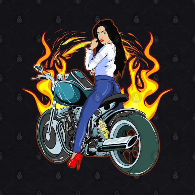 Cool Biker Woman With Flaming Motorcycle Lover by SoCoolDesigns